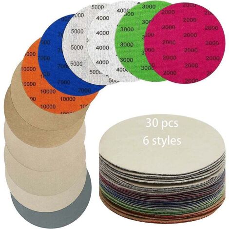 Hgbd 30 dischi di carta vetrata da 125 mm, grana 2000/3000/4000/5000/7000/10000. Carta vetrata a umido/asciutto. Utilizzata per lucidare metalli, lucidare legno, lucidare auto e levigare.