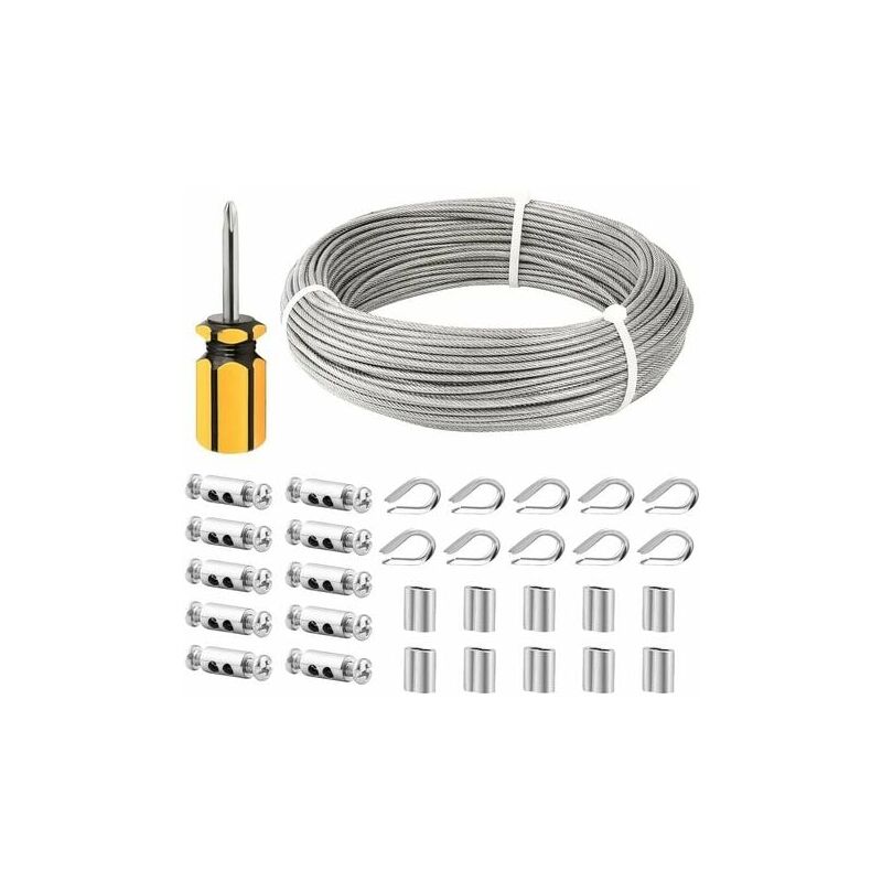 Cable Inox 3mm,50M/3mm Corde en Acier Inoxydable,Cable en Acier Revêtu avec Serre-Câbles,M3 Manchons,Cosses en Acier Inoxydable,3mm Cable Métallique