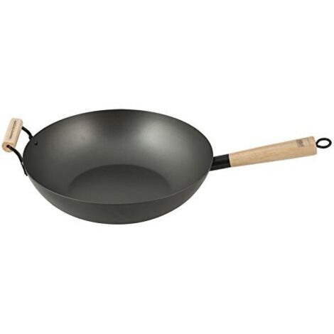 H&H Alessandro Borghese, Padella Wok Antiaderente con Manico e Presa in Legno da 32 cm, Ferro, Nero