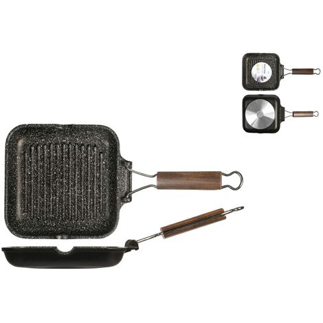 H&H Bistecchiera Antiaderente Pietra Manico Pieghevole Cm20 Ft Pentole Cucina, Nero, 20 cm