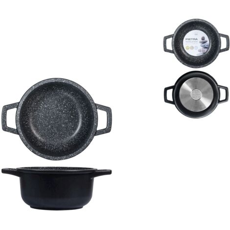 H&H Casseruola Alta Antiaderente Pietra 2 Manici Cm16 Pentole Cucina, Nero, 16 cm