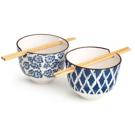 H&H Seta Set 2 Boli in Porcellana con Bacchette in Legno, Decori Assortiti, 13xH10cm, Blu e Bianco, 13cm