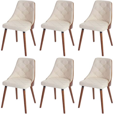 HHG – Lot de 6 chaises de salle à manger Osijek – Bois cintré aspect noix – Similicuir crème – Dossier décoratif avec boutons