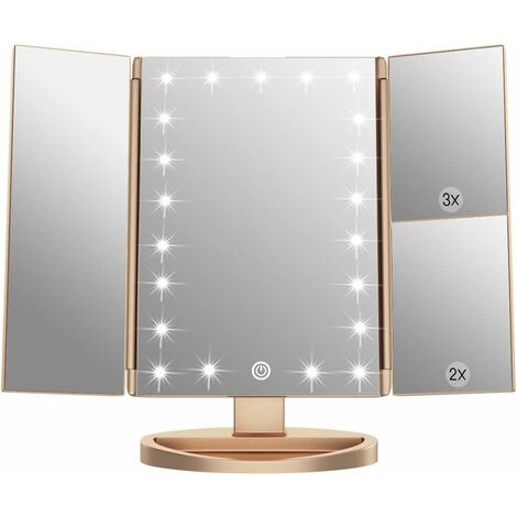 HIASDFLS Beleuchteter Schminkspiegel - 3-fach gefalteter Schminkspiegel - Mit Vergrößerung X1 X2 X3 - Natürliche LED-Leuchten - Touchscreen - Wiederaufladbar HIASDFLS