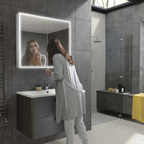 HiB Qubic 60 Aluminium LED Double Door Bathroom Cabinet 700mm H x 600mm W x 130mm D