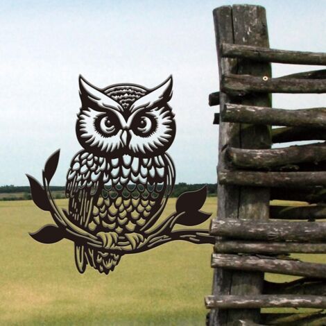 Hibou en métal sur une branche, décoration de jardin, oiseau, animal, ornement de jardin extérieur, silhouette noire, piquet décoratif