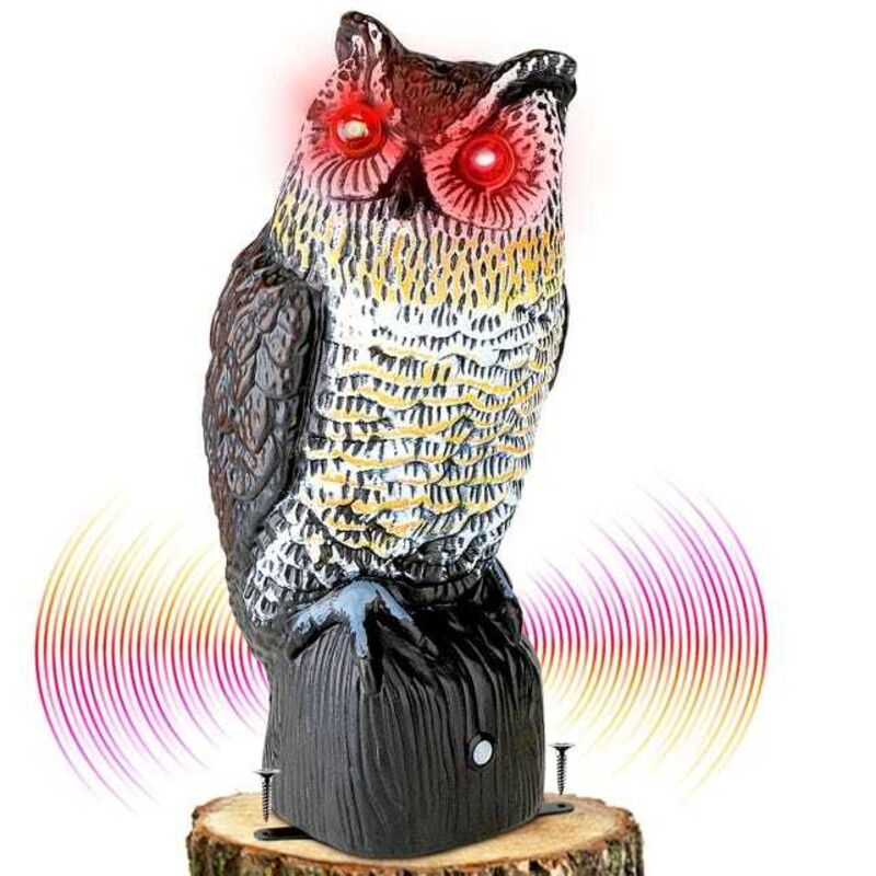 Hibou en plastique pour éloigner les oiseaux, épouvantails avec yeux clignotants, son effrayant, hibou pour le contrôle des oiseaux pour le jardin