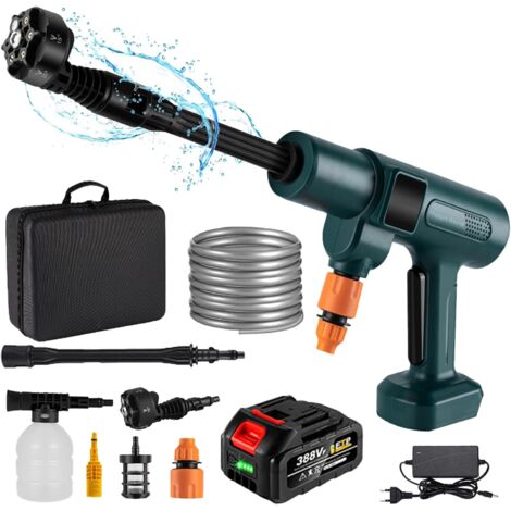 Hidrolavadora portátil inalámbrica a batería, caudal de 4,1 l/min, ideal para coches, hogar, jardín, riego, boquilla seis en uno, batería de 18 V, manguera de 5 m.