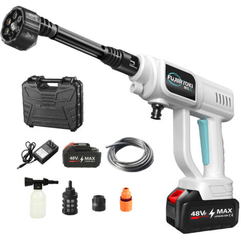 Hidrolimpiadora inalámbrica, caudal máximo de 250 l/h, boquilla multifunción 6 en 1, manguera de 5 m, portátil, con 1 batería y accesorios, ideal para coches y jardines, versión blanca y azul.