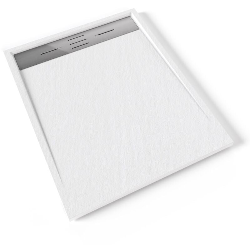 Hiemal inox Receveur de douche 80 x 100 cm résine Blanc aspect ardoise + bonde inox incluse - Salle de bain