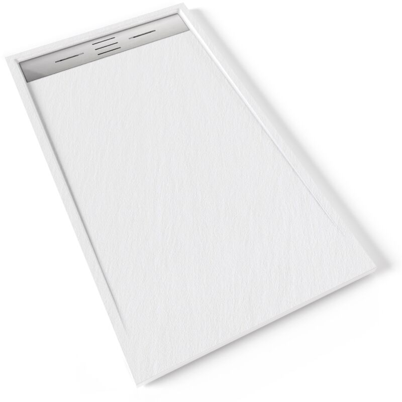 Hiemal inox Receveur de douche 80 x 140 cm résine Blanc aspect ardoise + bonde inox incluse - Salle de bain