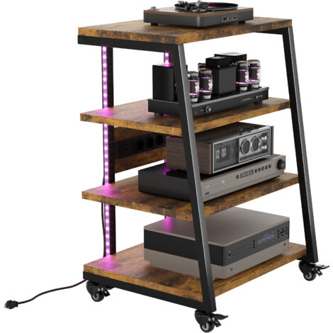 HiFi Rack aus Holz und Stahl, TV Rack mit verstellbaren Ablagen, Audio Schrank für DVD, Stereoanlagen Spielkonsolen, HiFi Regal mit Steckdosenleiste und RGB LED Stripe, Verstellbares Rad, 60x52x78cm