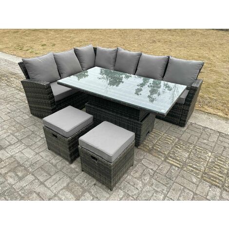 High Back Rattan Garden Furniture Corner Sofa Sets Adjustable Rising Table Dark Mixed Grey