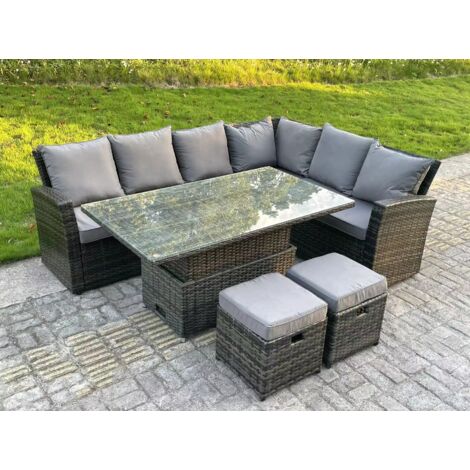 High Back Rattan Garden Furniture Corner Sofa Sets Adjustable Rising Table Dark Mixed Grey