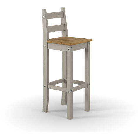 High Breakfast Bar Chair (Set of 2) - Pine - L39.8 x W38 x H107 cm - Grey/Antique Waxed Pine - Flat Packed