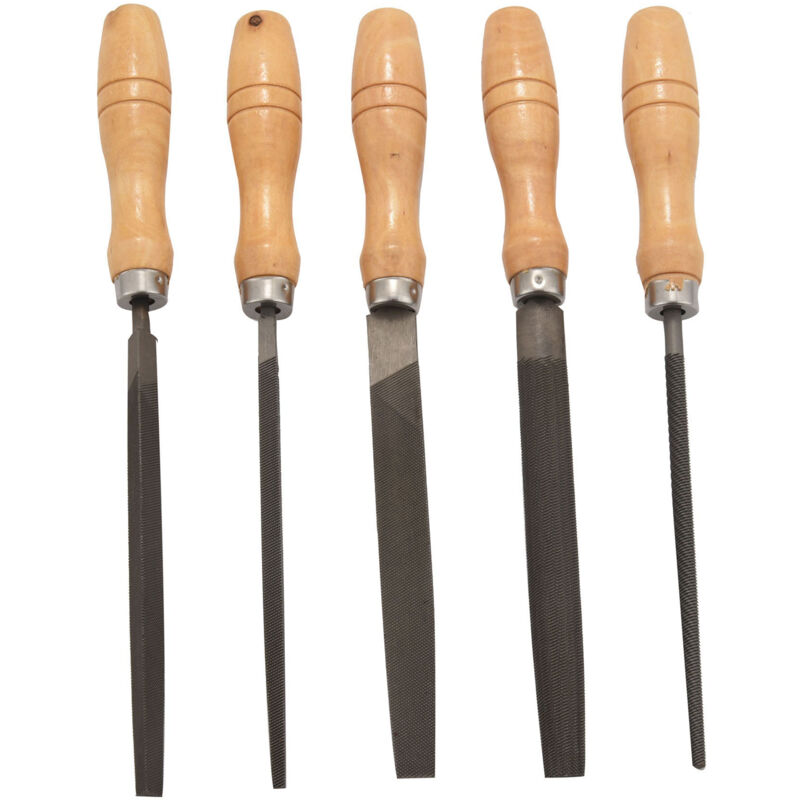 High Carbon Steel File Set with Wooden Handles Rasp for Wood, Metal, Plastic, 5 Pieces (Steel File)