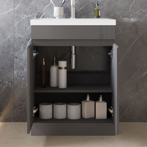 High Gloss Anthracite MDF Vanity Unitгм600390mm, FloorstandingгмDetachableгмSoft CloseгмDual-doorгм+ 610400mm White Artificial Stone Basin