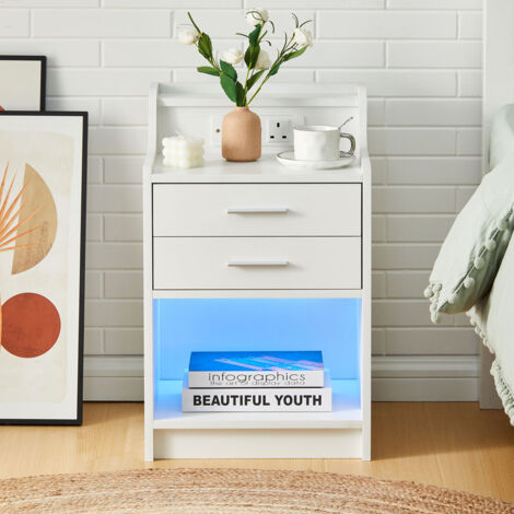 High Gloss Bedside Cabinet with Charging Station, 2AC Outlets and 2 USB Ports, 16 Colors LED Lights Bedside Table with 2 Storage Drawers and 1 Open Shelf for Bedroom Living Room (1)