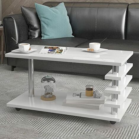 High Gloss Coffee Table LED Light 90D x 50W x 50H Side Table for Living Room Modern Rectangular End Table Home Office Tea Table with Storage Shelf Room Furniture Storage Cabinet with Wheel