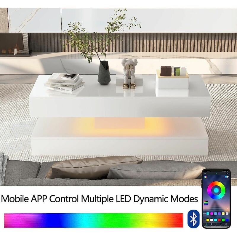 High Gloss Coffee Table White Rectangle Tea Table with led Light Living Room