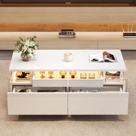 High Gloss Coffee Table with 2 drawer, LED lights, pull-out tray, Centre Table, Sofa Side Table, Coffee End Table for Living Room, Office, 904535.5cm, White
