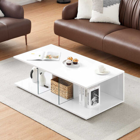 High Gloss Coffee Table with 3 Glass Open Shelves Wooden Centre Sofa Side Tea Table for Living Room Lounge Space (white)
