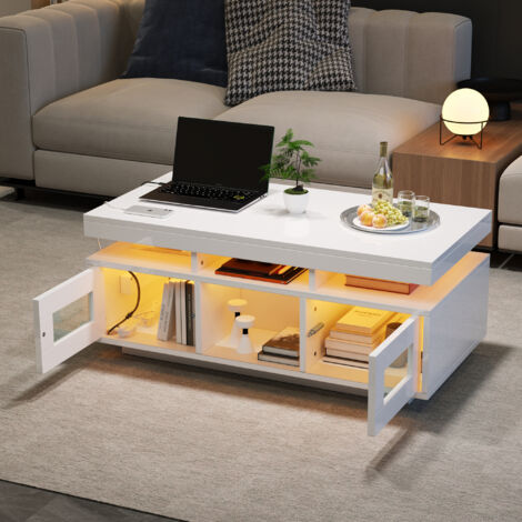 High Gloss Coffee Table with LED lights, USB Ports+Sockets, Centre Table with 2 doors, Sofa Side Table, Space-saving End Table, Tea Table, 1005043cm, white, particleboard