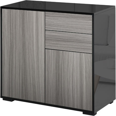 High Gloss Frame Sideboard, Push-Open Design with 2 Drawer for Living Room, Bedroom, 74H x 79W x 36Dcm, Light Grey and Black