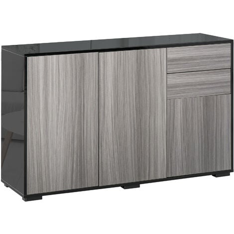 High Gloss Push-Open Side Cabinet W/ 2 Drawer, 2 Door Cabinet for Home Office Black and grey