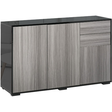 High Gloss Side Cabinet, Push-Open Design with 2 Drawers and 2 Cabinets for Living Room, 74H x 117W x 36Dcm, Light Grey and Black