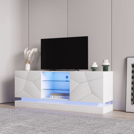 High Gloss TV Stand with LED Lights, Modern Media Unit for up to 70 inch TVs, Entertainment Center with Storage, 160x38.5x60 cm, Living Room TV Cabinet