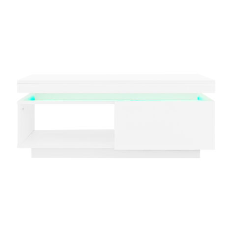 High Gloss White LED Coffee Table with RGB Lights & Storage Drawer - Modern Rectangular Centre Table with Display Shelf, Living Room Furniture