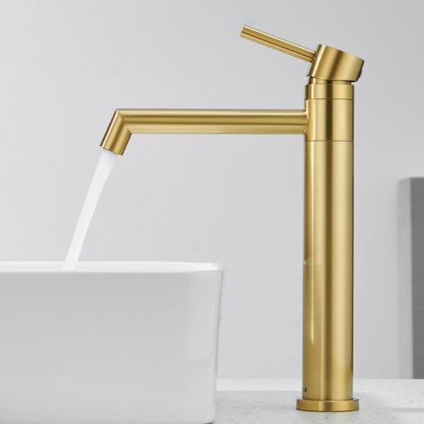 High Gold Basin Mixer Tap, 360° Swivel Bathroom Faucet, Countertop Basin Mixer Tap, Stainless Steel Sink Tap with Spout Height 204 mm, Brushed Gold Finish
