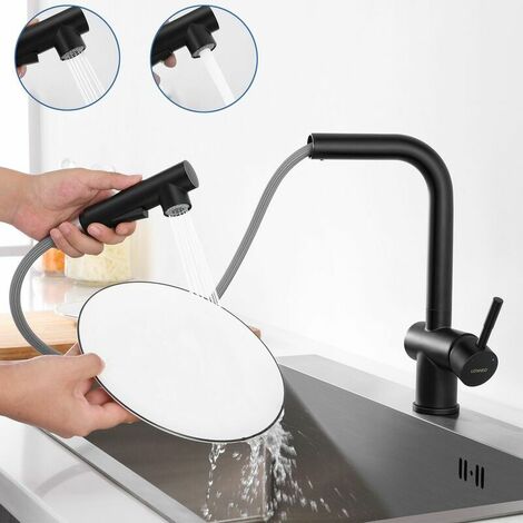 High pressure pull-out kitchen faucet, black sink faucet with 2 spout functions, single lever kitchen faucet can be rotated through 360°, kitchen mixer tap made of stainless steel