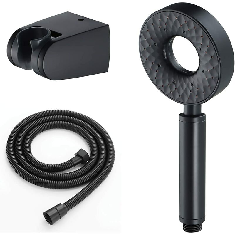 High Pressure Shower Head Round abs Hand Shower with 1.5m Stainless Steel Shower Hose Hand Held Shower Head 3 Function Shower Head with Bracket, Black
