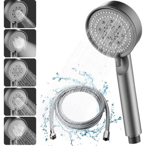 High Pressure Shower Head, Water Saving Shower Head 5 Modes Adjustable, Economical Shower Head, Bathroom Shower Head, Shower Head with 1.5M Hose (Grey Set)
