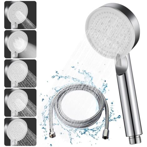 High Pressure Shower Head, Water Saving Shower Head 5 Modes Adjustable, Economical Shower Head, Bathroom Shower Head, Shower Head with 1.5M Hose (Silver Set)
