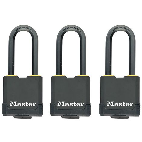High-Security Master Lock Padlock Set (3-Pack) with Key, Laminated Rust-Resistant Steel, Exterior Use, M-Shaped Shackle, Ideal for Gates, Garages, Basements