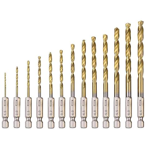 High Speed Steel Twist Drill Bit with Titanium Coating - 13Pcs Hexagonal - 1-5mm - 6-5mm - Wood/Metal/Plastic Drilling