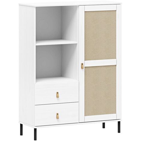 Highboard 100 cm breit in Kiefer massiv weiß mit Kunststoffgeflecht, WATFORD-69