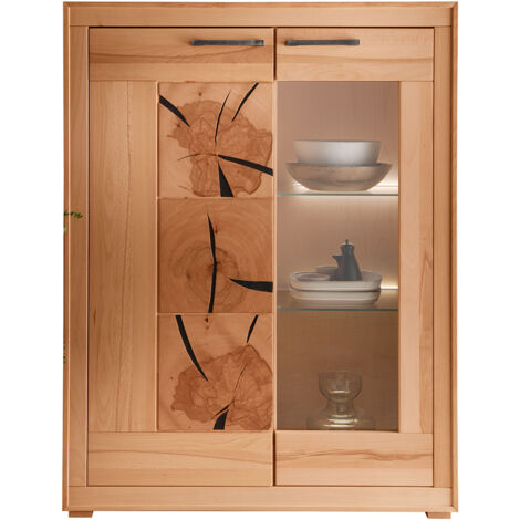 Highboard 103cm breit mit Beleuchtung, Kernbuche massiv geölt, montiert, WINNIPEG-69