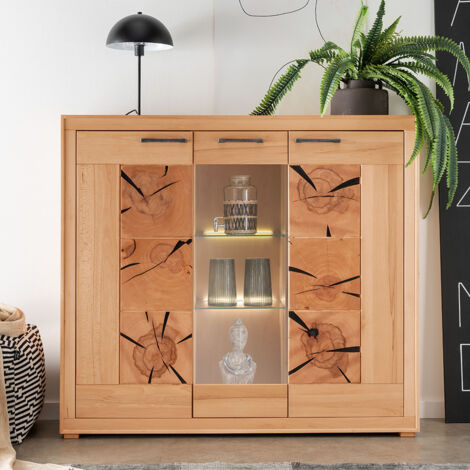 Highboard 150cm breit mit Beleuchtung, Kernbuche massiv geölt, montiert, WINNIPEG-69