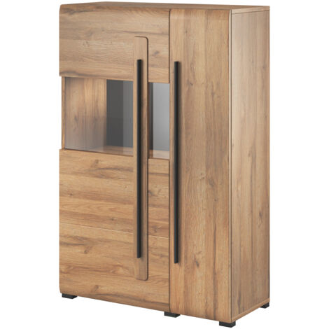 Highboard Eiche Grandson Nb. TURDA-83 mit LED Beleuchtung und Absetzungen in schwarz, B/H/T: ca. 90/136/39 cm