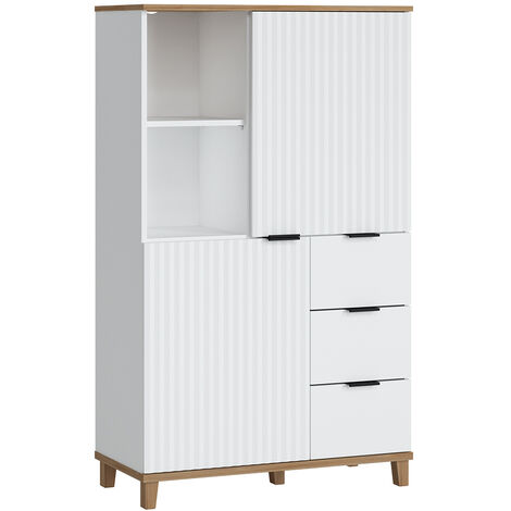 Highboard in weiß mit Eiche Nb. PLYMOUTH-129 mit 3 Schubladen, 2 Türen, B/H/T ca. 84,8/141,4/40 cm