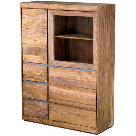 MASSIVART® Highboard mit 1 Glastür Sheesham massiv gebeizt 102 cm - SENSO - Die Möbelfundgrube