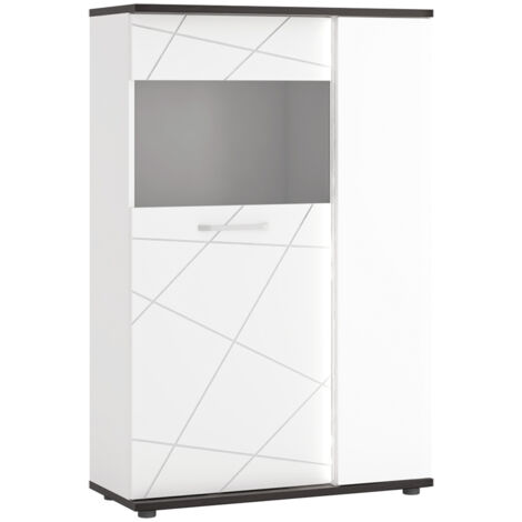 Highboard mit Beleuchtung, weiß Hochglanz mit Eiche schwarz, VISALIA-129