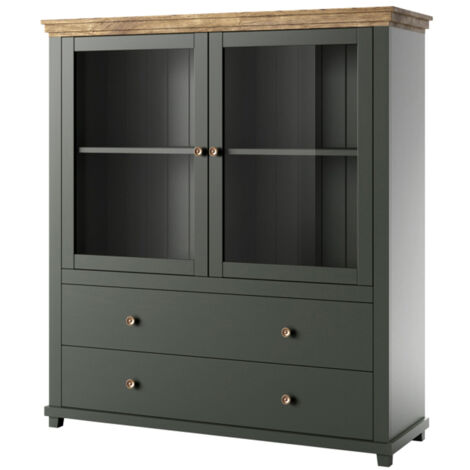 Highboard mit Glaseinsätzen und LED Beleuchtung EPSOM-83 Landhaus grün mit Lefkas Eiche Nb., B/H/T: ca. 126/138/42 cm