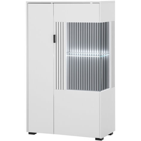 Highboard mit Glastür rechts weiß matt mit schwarz gerillt HUNTER-61