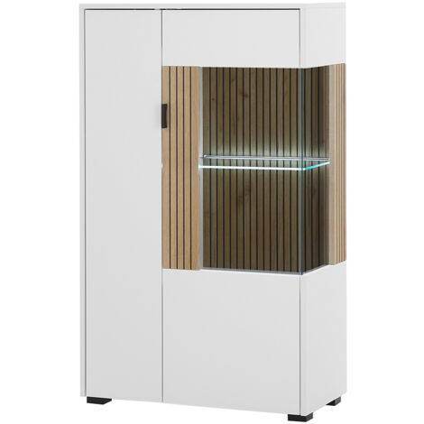 Highboard mit Vitrinentür inkl. Beleuchtung weiß matt Eiche gerillt HUNTER-61