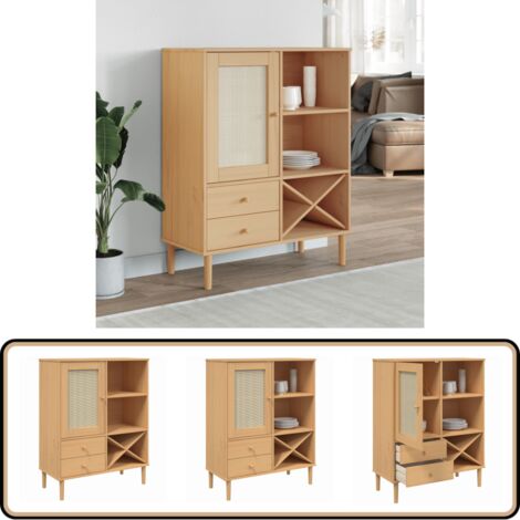 Highboard SENJA Rattan-Optik Braun 90x40x112 cm Kiefernholz - Hochboard - Wohnzimmermöbel - Sideboard - Regal - TV-Schrank
